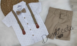 Летен комлект от панталон в бежово, риза в бяло и орнаменти, тиранти и папийонка 