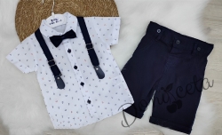 Летен комлект от панталон в тъмносиньо, риза в бяло и орнаменти, тиранти и папийонка 