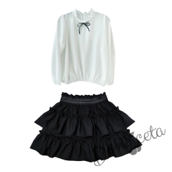 Комплект за момиче от детска пола в черно и риза в бяло с черни къдрици Contrast
