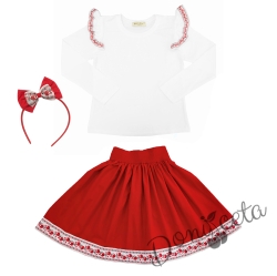 Комплект за момиче от 3 части- пола в червено, блуза в бяло с къдрици с фолклорни/етно мотиви и диадема