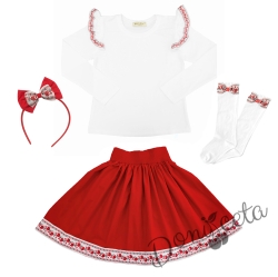 Комплект за момиче от 4 части- пола в червено, блуза в бяло с къдрици с фолклорни/етно мотиви, чорапи и диадема