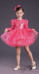 Официална детска къса рокля с дълъг ръкав в циклама с пайети Людмила