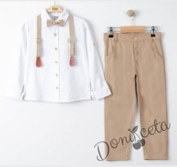 Комплект за момче от риза в бяло, панталон, тиранти и папийонка в бежово 544536454