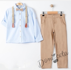 Комплект за момче от риза в светлосиньо, панталон, тиранти и папийонка в бежово 544536453
