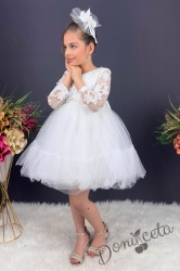 Детска рокля с ръкав 7-8 в бяло и панделка за коса Алесия