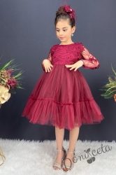 Детска рокля с ръкав 7-8 в бордо и панделка за коса Алесия