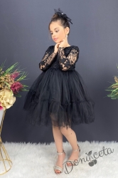 Детска рокля с ръкав 7-8 в черно и панделка за коса Алесия
