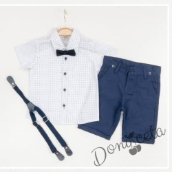 Летен комплект за момче от панталон в тъмносиньо, риза в бяло и орнаменти, тиранти и папийонка 46747837372