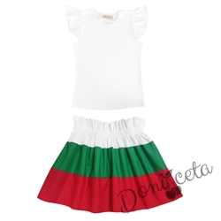 Комплект за момиче от детска пола в бяло, зелено и червено и блуза в бяло 