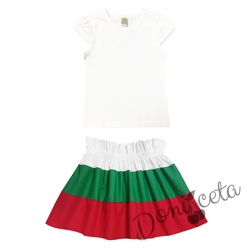 Комплект за момиче от детска пола в бяло, зелено и червено и блуза в бяло с къс ефектен ръкав