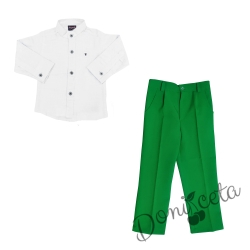 Комплект от 2 части панталон в зелено и риза в бяло с дълъг ръкав