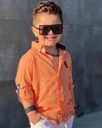 Детска риза в оранжево с дълъг ръкав за момче с емблема