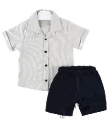 Летен комплект за момче риза с къс ръкав в бежово и къси панталони в тъмносиньо