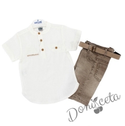 Летен комплект за момче риза с къс ръкав в бяло и къси панталони в бежово