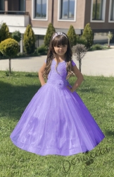 Официална дълга детска рокля в лилаво от дантела и тюл за шаферка Криска