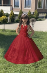 Официална дълга детска рокля в червено от дантела и тюл за шаферка Криска
