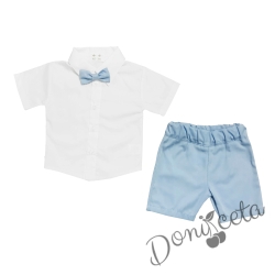 Детски комплект от риза в бяло и къси панталонки в светлосиньо с папийонка