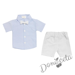 Детски комплект от риза в светлосиньо и къси панталонки в бяло с папийонка