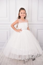 Официална детска дълга рокля в бяло без ръкав с тюл Йоланда