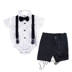 Бебешки комплект от панталон в черно, боди-риза в бяло, тиранти и папийонка 