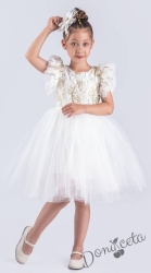 Детска официална рокля Шарлот в бяло 3D листа, с къс ръкав с тюл, и панделка за коса