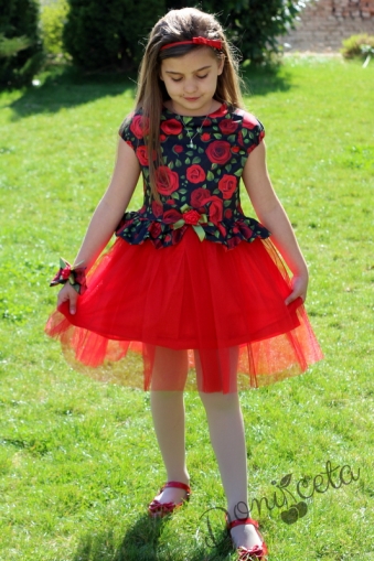 Official children's short-sleeved dress in black  with roses