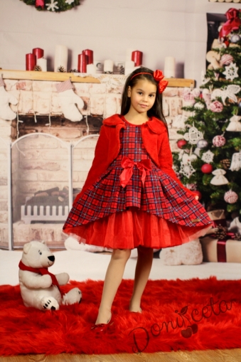 Официална детска рокля в каре с дълъг ръкав с пухкаво болеро в червено 2