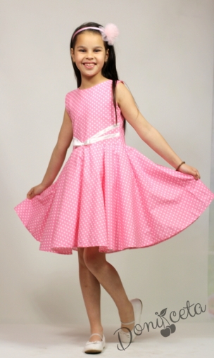 Официална или ежедневна памучна детска рокля Дени клош в розово на точки 1
