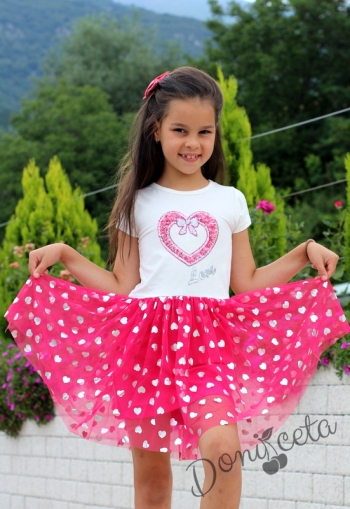 Детска рокля с къс ръкав в бяло със сърце  и тюл в цвят малина Олга