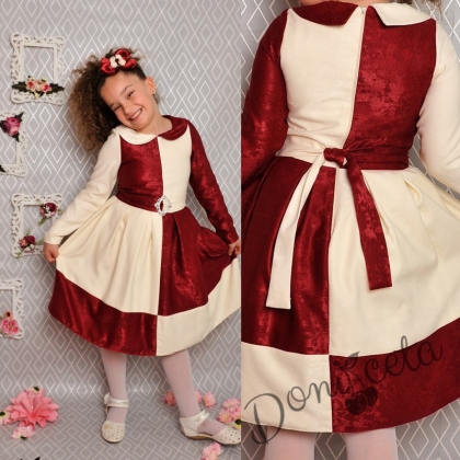 Официална детска рокля с дълъг ръкав в бордо  и екрю 243ВЕДР