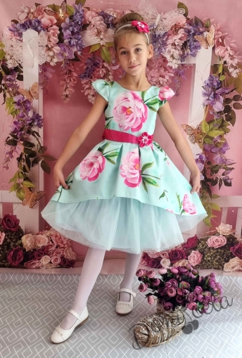 Детска официална рокля с къс ръкав на цветя в мента/тюркоаз с тюл 379РЦР
