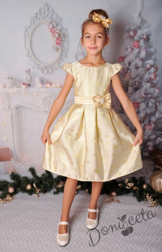 Официална детска рокля с къс ръкав на звездички в златисто с коланче 223ЗЗ