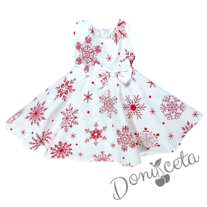 Детска/бебешка коледна рокля в бяло със снежинки в червено