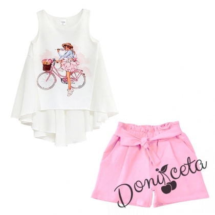 Детски комплект от къси панталонки в розово и туника с момиче на колело 1