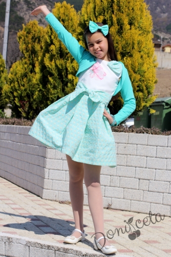 Комплект от официална детска рокля Паула  в цвят тюркоаз/мента и болеро 1