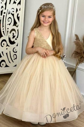 Официална детска дълга рокля Мираж в златисто с аксесоар за коса