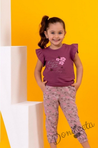Комплект за момиче от тениска в лилаво и панталонки на цветя