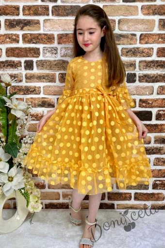 Детска рокля с 7/8 ръкав в горчица на точки с коланче 4424325 1