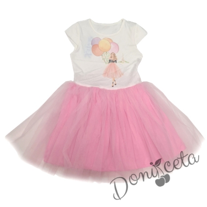 Детска рокля с къс ръкав с момиче и балони в бяло с тюл в розово 1