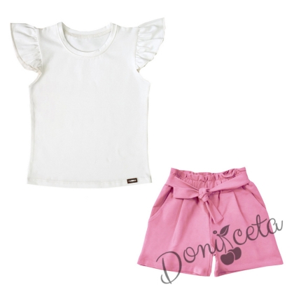 Летен комплект момиче от къси панталони в розово и тениска в бяло 565865 1