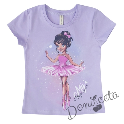 Детска блузка/тениска с къс ръкав лилаво с балеринка