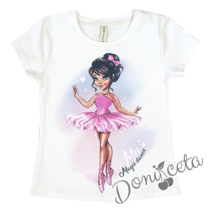 Детска блузка/тениска с къс ръкав бяло с балеринка