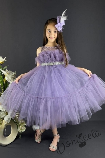 Официална детска рокля без ръкав с богат тюл в лилаво и панделка за коса Миналия 1
