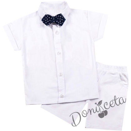 Детски комплект в бяло от риза с къс ръкав и къси панталонки с папийонка