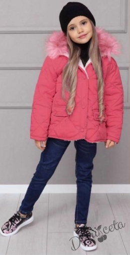 Детски комплект за момиче от яке в розово, дънки и шапка в черно 1