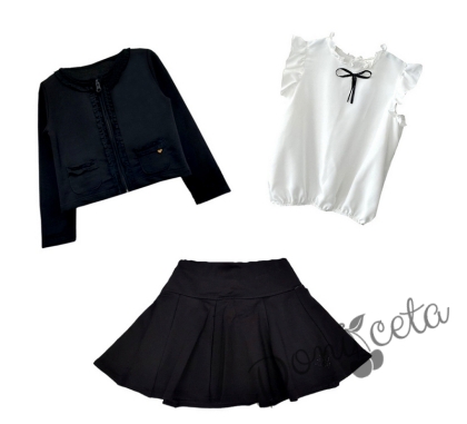 Детски комплект за момиче от пола,риза и сако с цип в черно