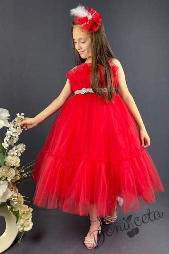 Официална детска рокля без ръкав Миналия с богат тюл в червено и панделка за коса 1