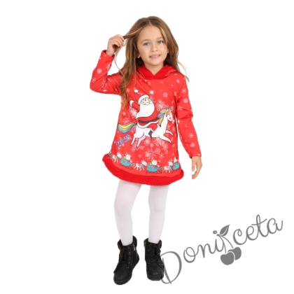 Коледна детска рокля с качулка в червено с Дядо Коледа 8565125