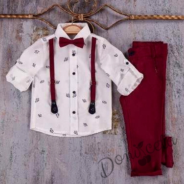 Комплект от панталон в червено, риза в бяло и папийонка