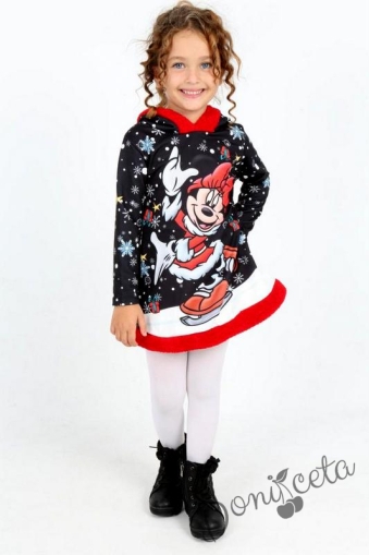 Коледна детска рокля в черно със Мини Маус и качулка